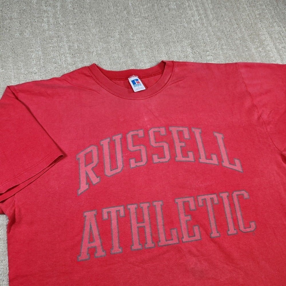 Vintage Russell Athletic Shirt Men XL USA Made Spellout Faded Red Tee Sunwashed